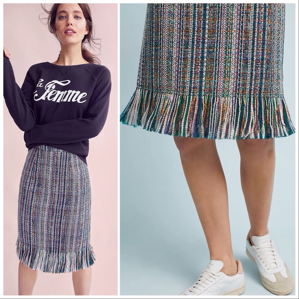 Anthro Maeve Multicolor Fringed Tweed Pencil Skirt